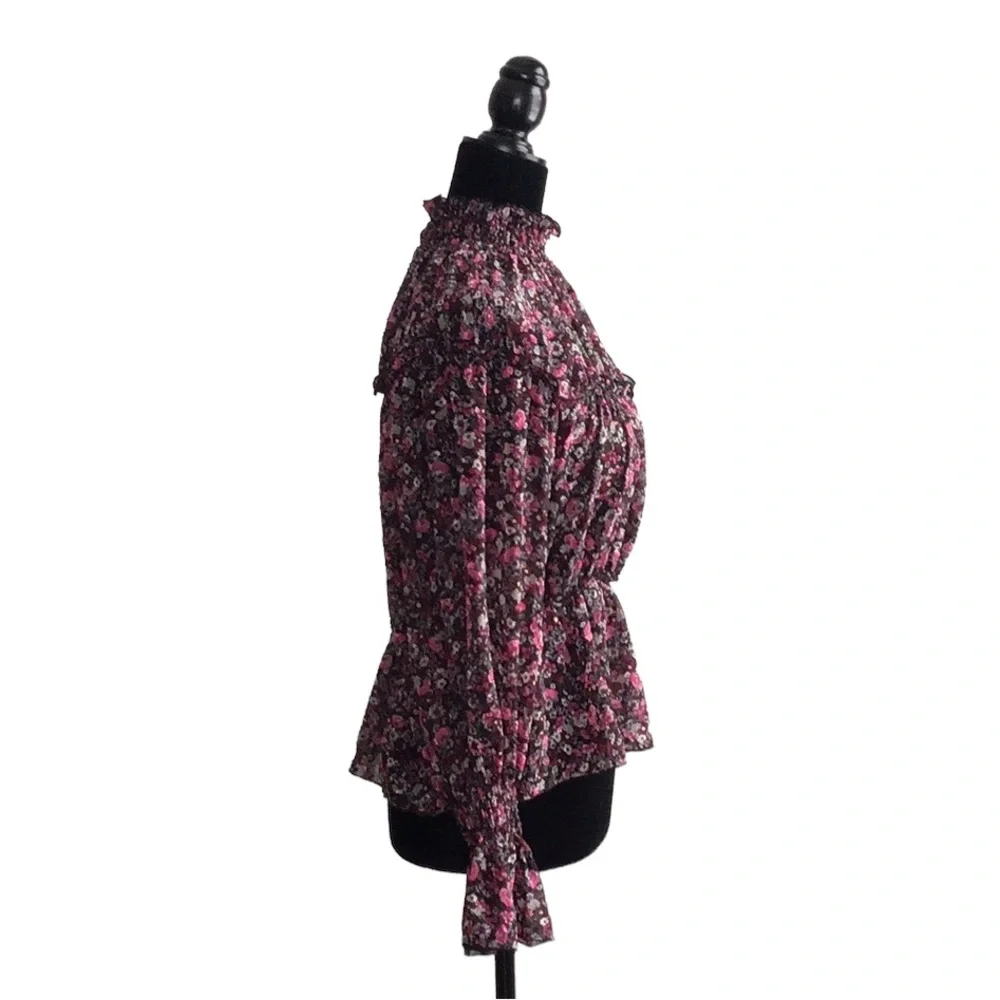 Zara Floral Print Pink Black Ruffle Neck Blouse, size M - Picture 5 of 14